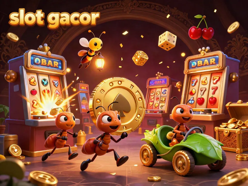 Tim semut 3D menjalankan aksi heist dengan chip poker emas raksasa di antara mesin slot gacor yang meledak.