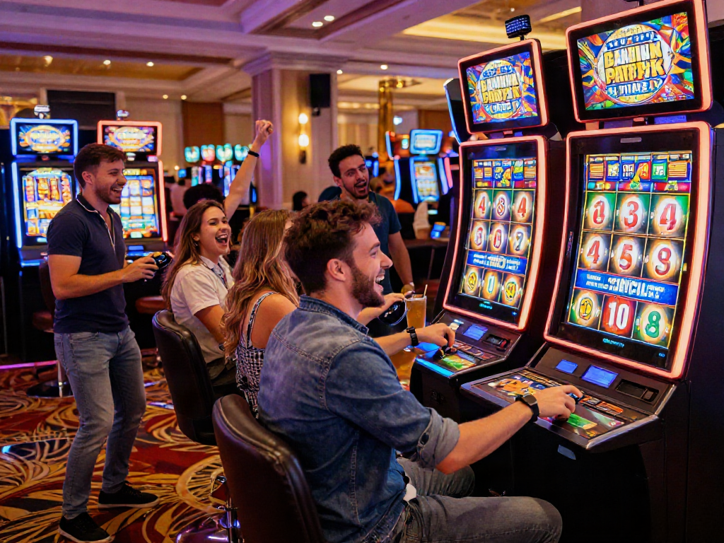 Exciting slot depo 10k gaming scene with friends cheering at vibrant machines.