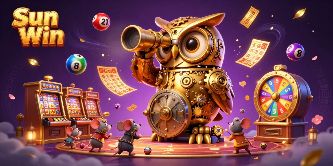 Win at Sun Win with a vibrant 3D illustration showcasing a golden owl in a busy casino.