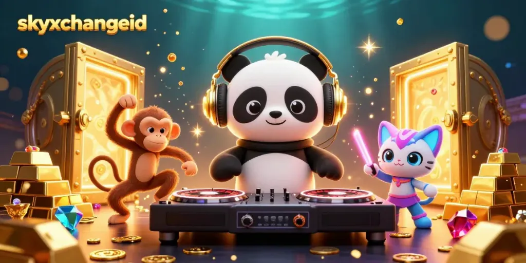 Betting fun with skyxchangeid featuring a DJ panda, breakdancing monkey, and glow-stick kitty in a vibrant scene.