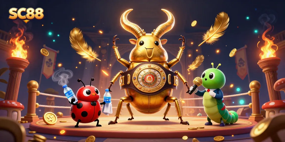 Bet on SC88 with dynamic casino-themed illustration featuring a golden stag beetle champion.