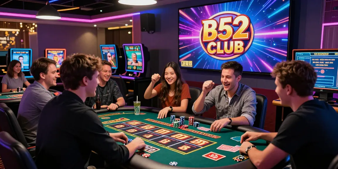 Dynamic online gaming with players celebrating a big win at B52, vibrant atmosphere with chips and digital interactions.