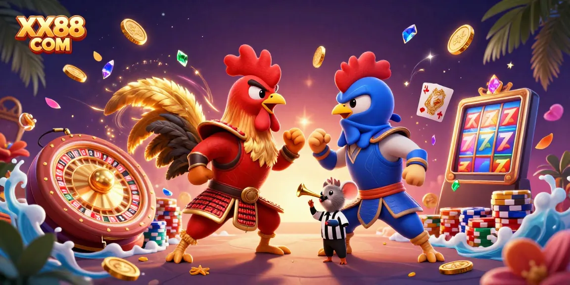 Engage with thrilling gameplay at XX88 COM featuring dynamic roosters in a casino showdown.