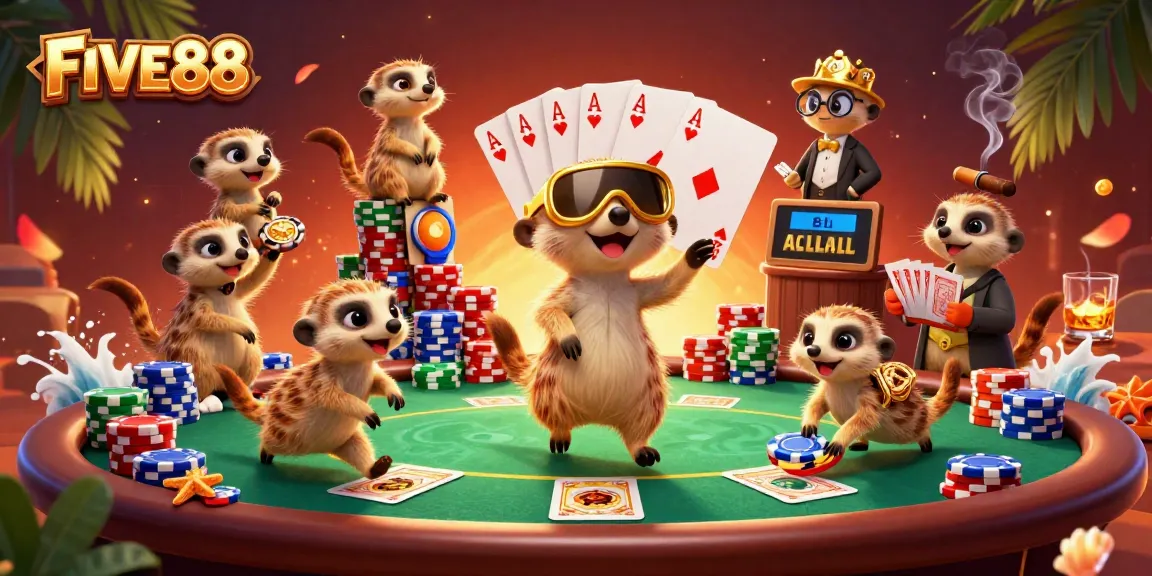 FIVE88 meerkats run a vibrant casino, showcasing poker elements and strategic gameplay.
