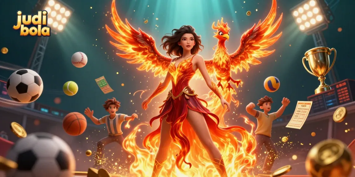 Engage in judi bola with a vibrant scene of sports betting, featuring dynamic sports balls and stunning characters.