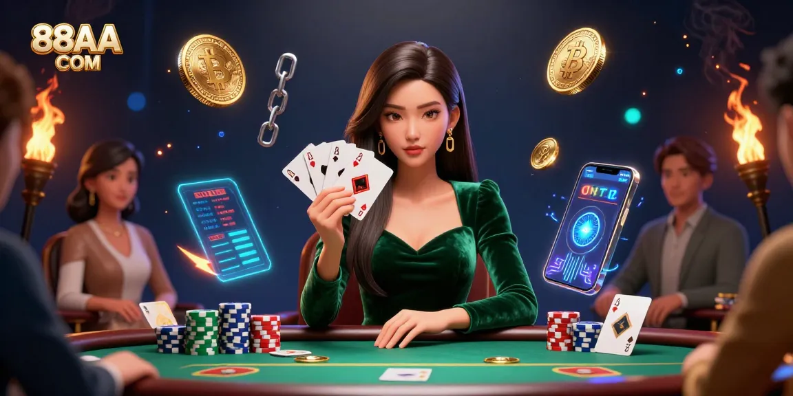Experience thrilling gameplay at 88AA COM with a stylish poker scene featuring crypto elements.