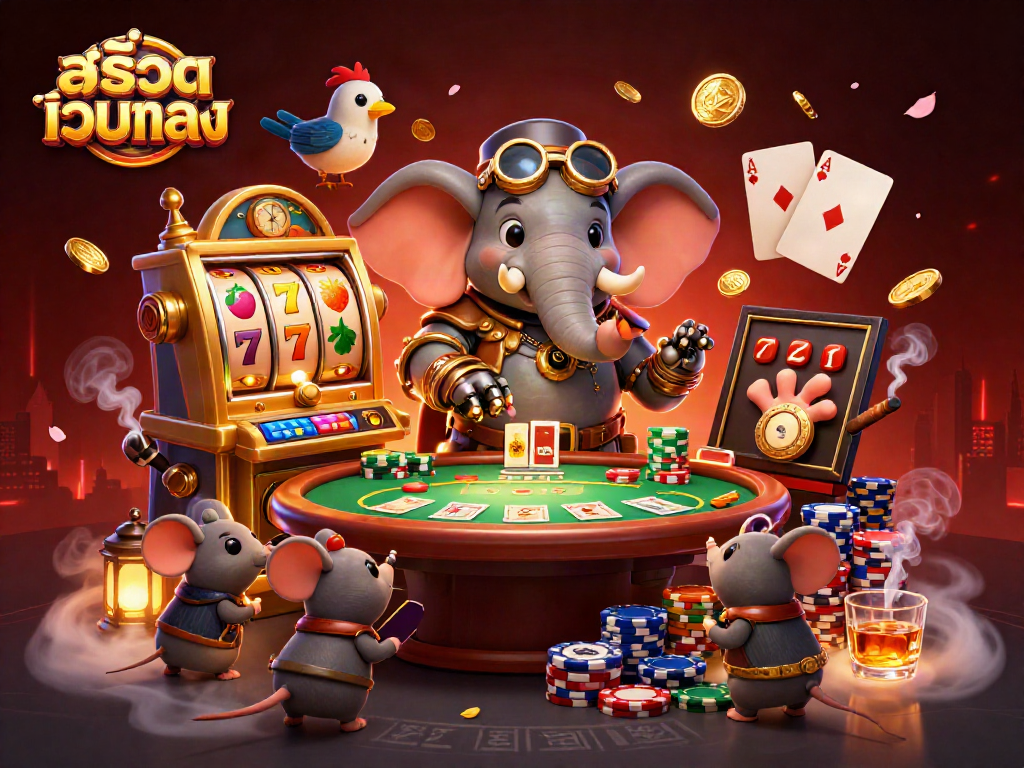 Spin the golden slot machine in a lively 3D scene featuring สล็อตเว็บตรง characters and dynamic gambling elements.