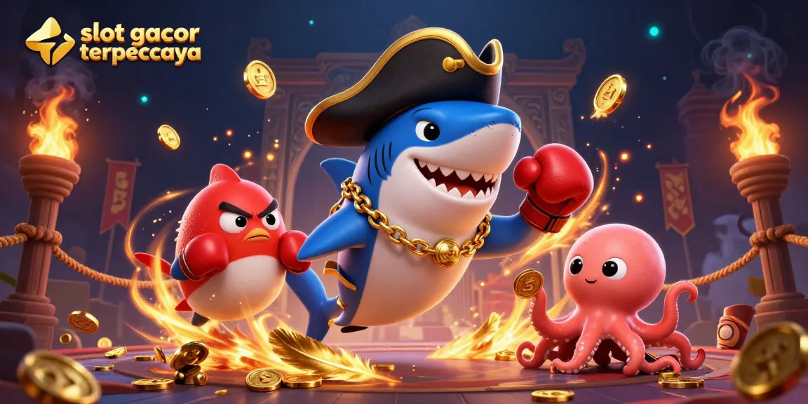 Slot gacor terpercaya menghadirkan ilustrasi kartun menawan dengan karakter laut yang kaya akan koin emas.