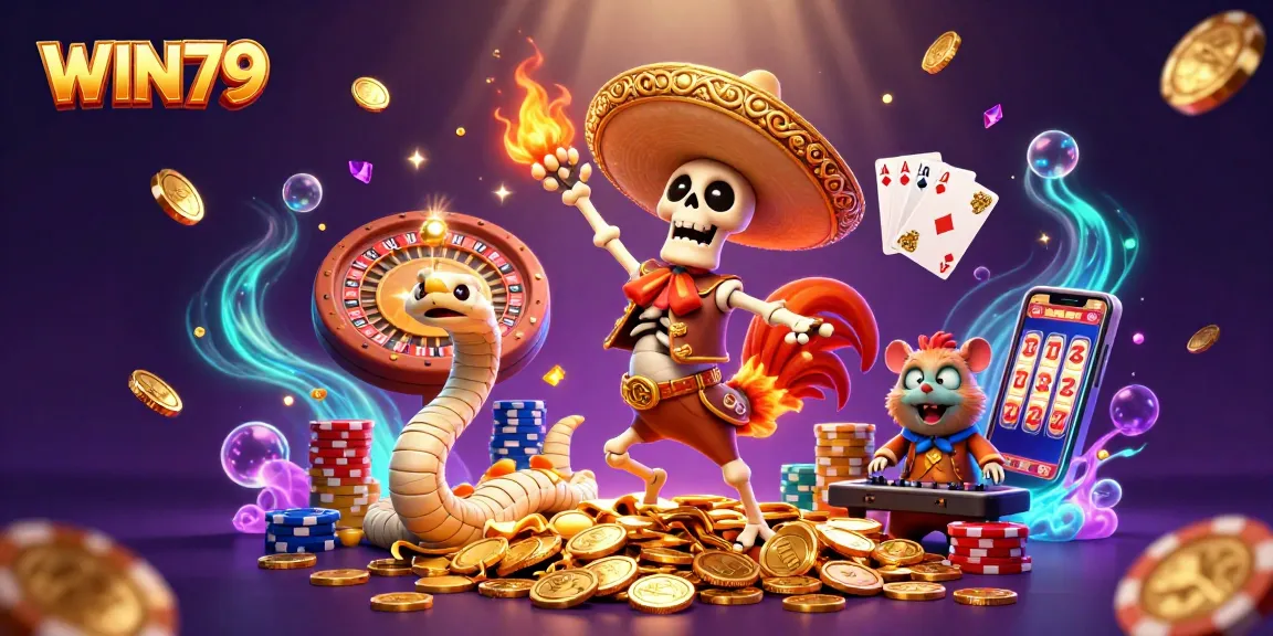 WIN79 casino illustration with characters celebrating on a pile of coins, surrounded by gaming elements.