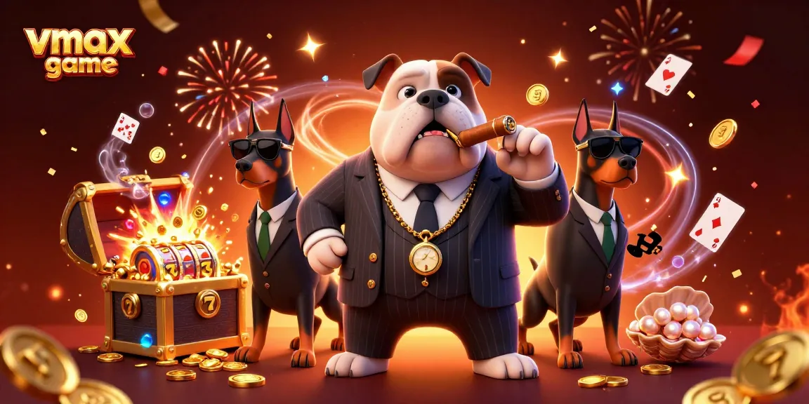 Engage with vmax game featuring a cartoon mafia boss bulldog and bodyguards amidst vibrant casino elements.