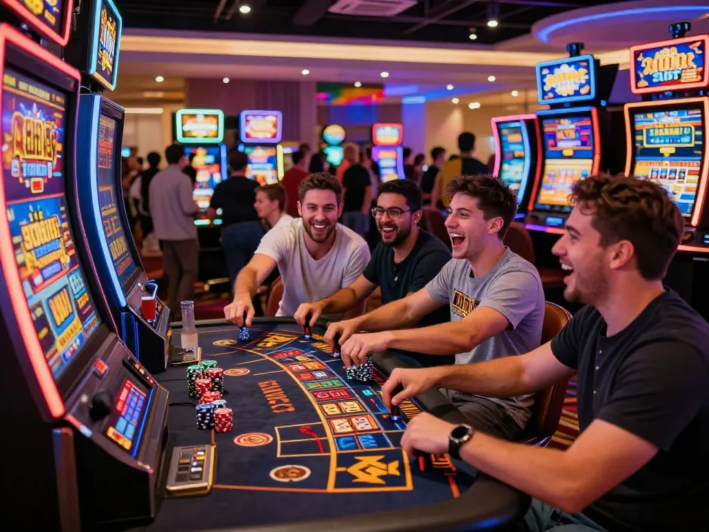 Exciting group at Raja Slot high-limit machine in a vibrant casino.