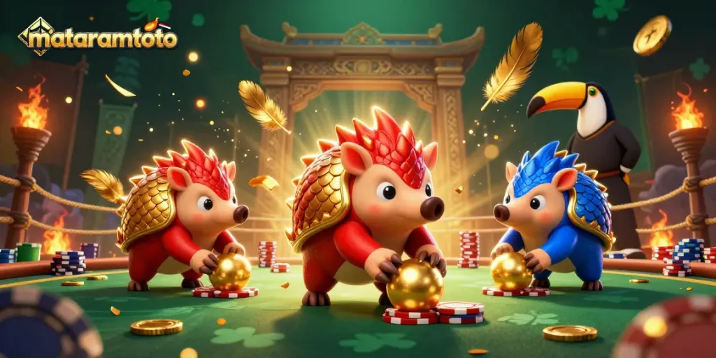 Bowling pangolins rolling through casino tokens at MataramToto's vibrant gaming scene.