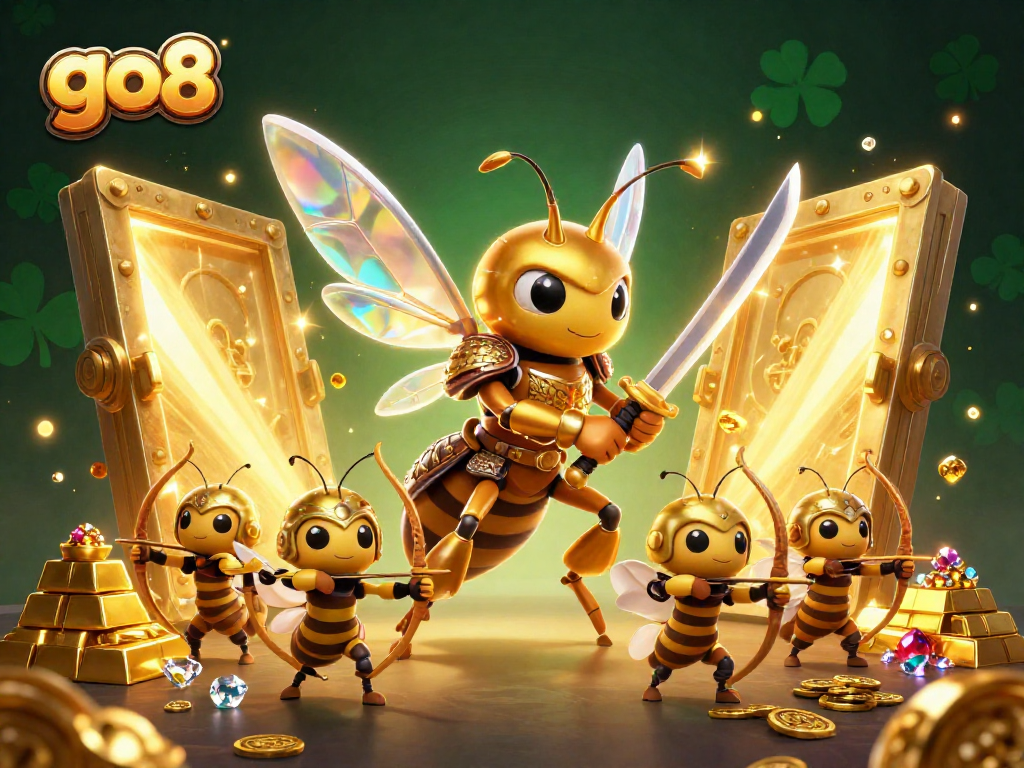 Engage in thrilling gaming action at Go8's vibrant casino-themed illustration featuring dynamic characters.