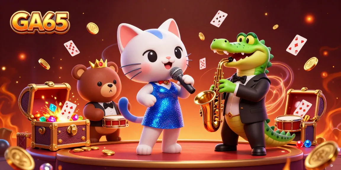 Experience GA65’s vibrant 3D illustration of a cartoon cat, crocodile, and bear in a casino setting, showcasing fun gambling elements.