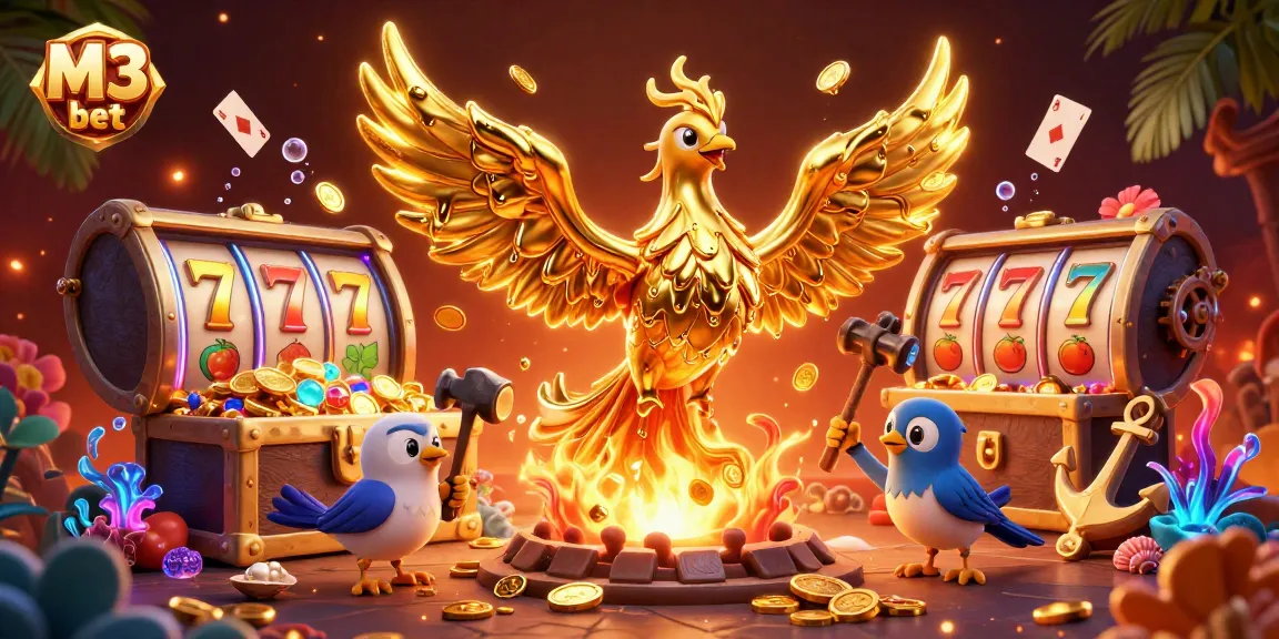 M3 bet showcases an energetic casino scene with a molten golden phoenix and vibrant slot elements.