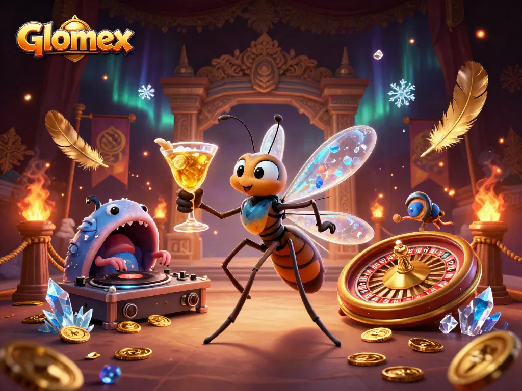 Glomex turns heads with a lively gambling scene capturing a frozen mosquito mascot, ornate roulette wheel, and dynamic elements.