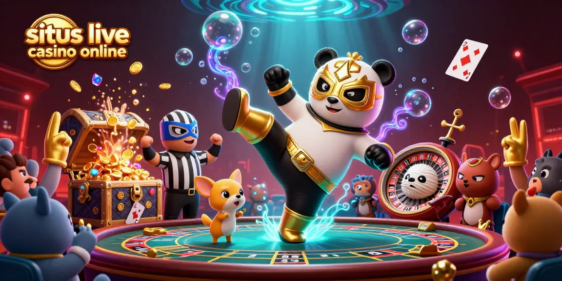 Experience the thrill of situs live casino online with animated characters and vibrant casino elements.
