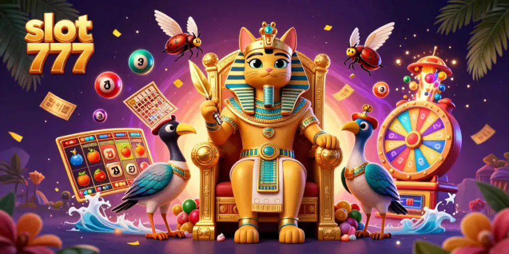 Menghidupkan slot 777 dengan kucing firaun 3D, jackpot, dan simbol keberuntungan yang dinamis.