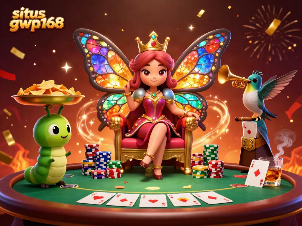 Permainan slot gacor di situs gwp168 menampilkan ratu kupu-kupu 3D dalam suasana kasino megah.