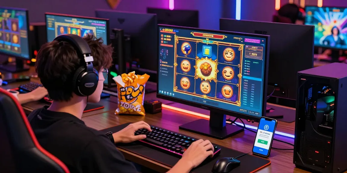 Exciting online gaming setup showing deposit pulsa tanpa potongan on display, colorful ambient lighting, and a gamer in action.