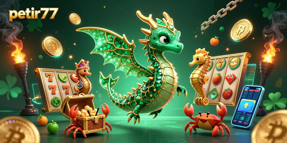 Spin to win with petir777: a dazzling 3D scene of a mythical sea dragon guarding slots and crypto treasures.