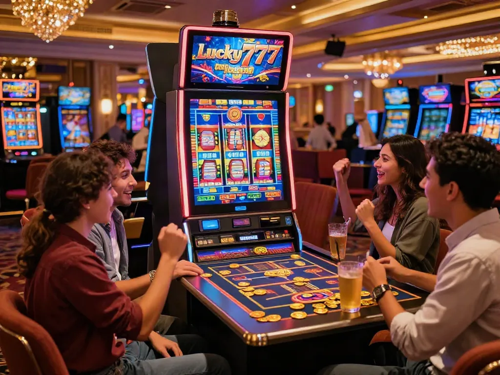 Friends enjoying a thrilling game night with Lucky777 slot machines in a vibrant casino setting.