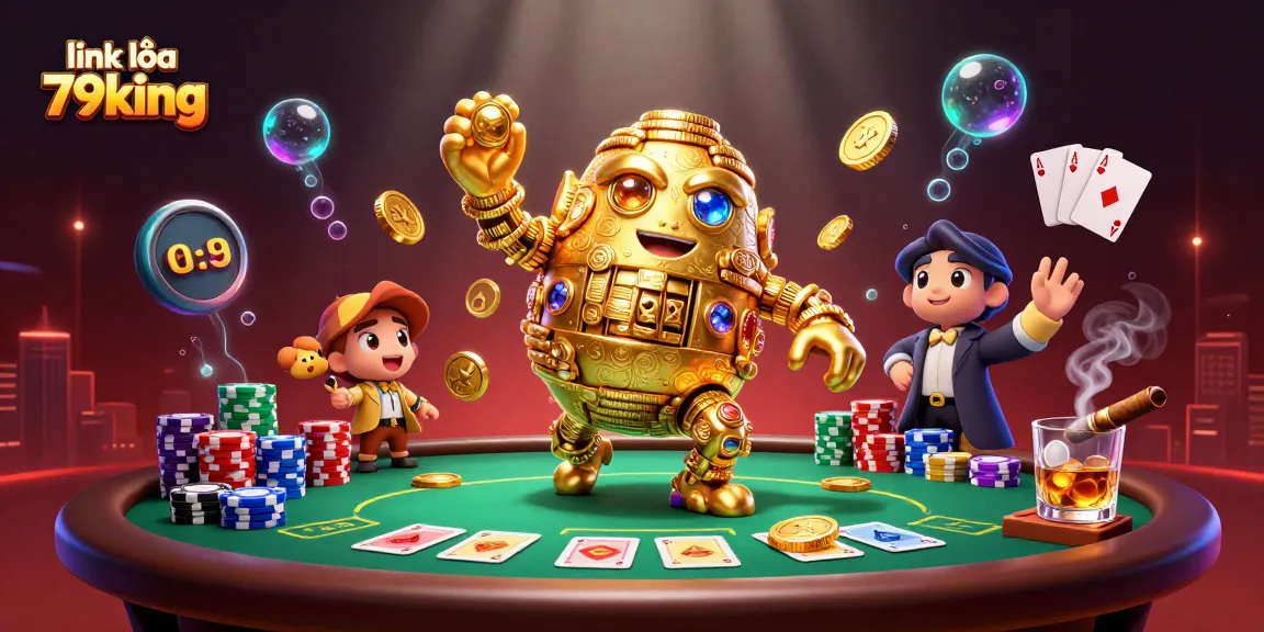 Engage with link vào 79king at the vibrant casino scene showcasing golden golem and poker elements.
