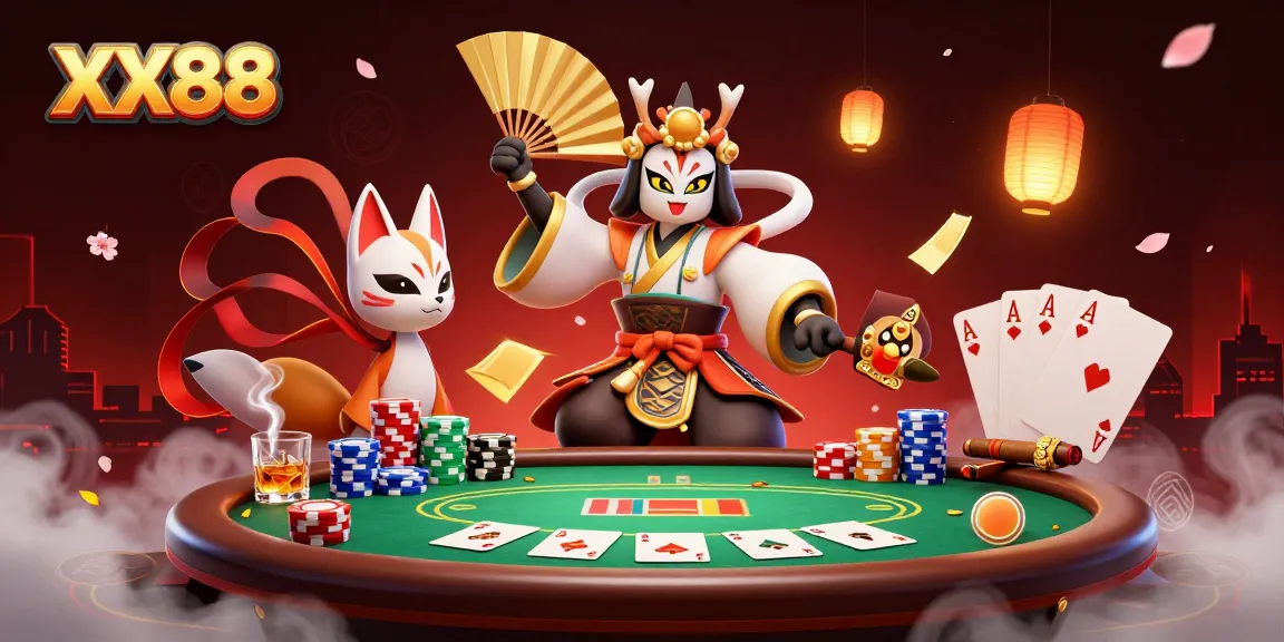 Experience thrilling gameplay with XX88 featuring kabuki warriors and vibrant poker elements.