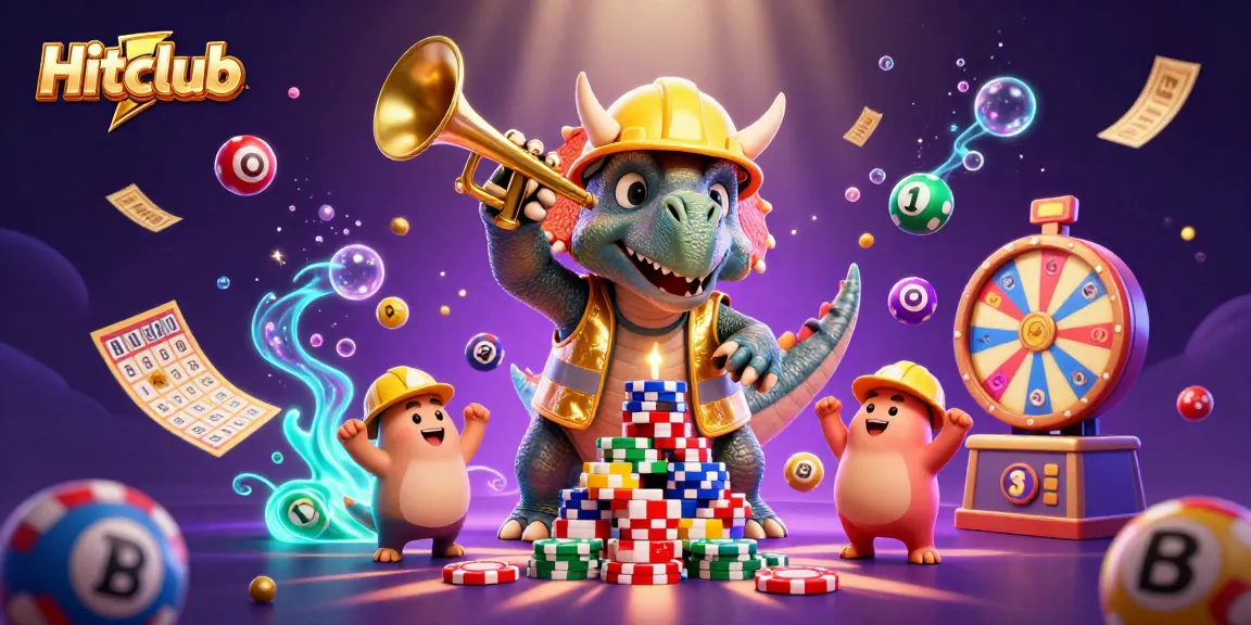 Hitclub excitement builds as triceratops stack poker chips while parasaurolophus celebrates in a thrilling casino scene.