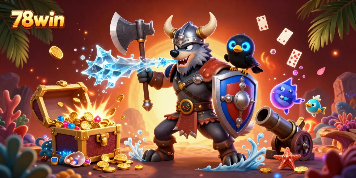 Engage with vibrant 78win gaming scenes featuring Viking warriors and treasure-filled underwater elements.