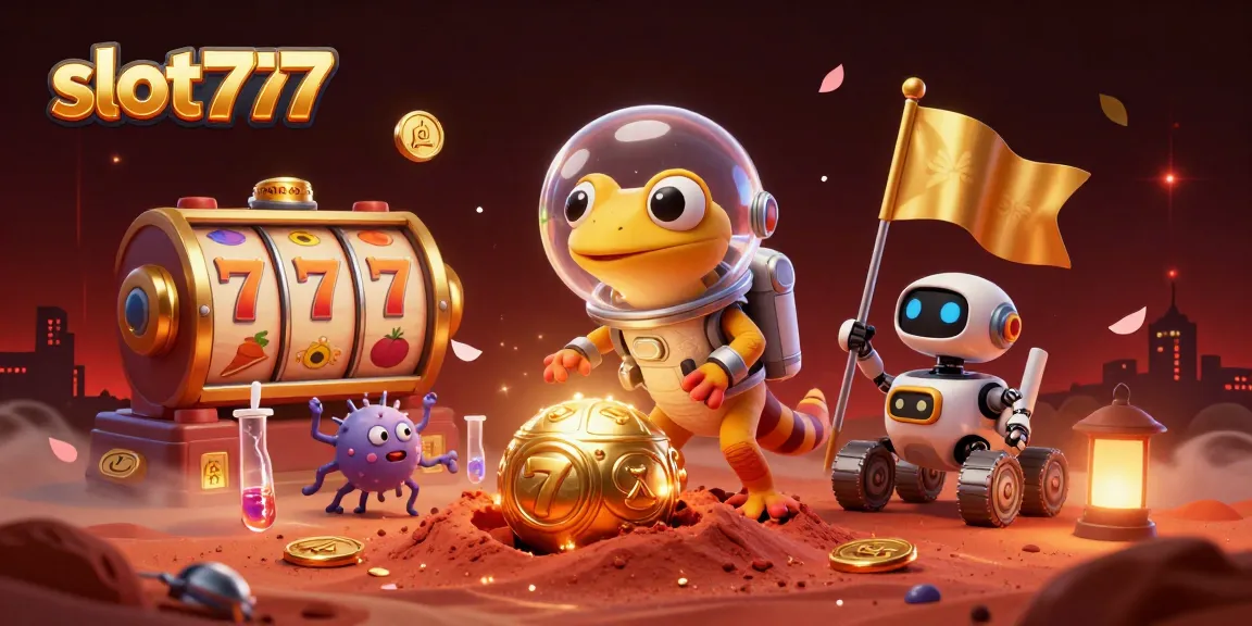 Experience slot777 excitement through a 3D Martian gecko discovering a golden casino on Mars.