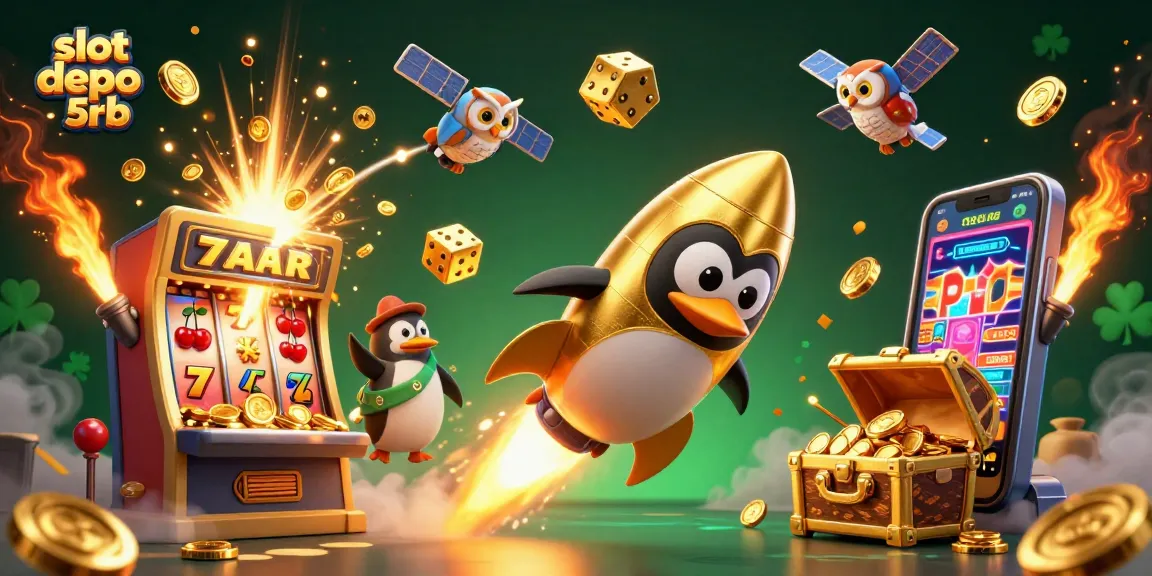 Experience thrilling action with slot depo 5rb as golden penguins soar through a casino-filled galaxy.