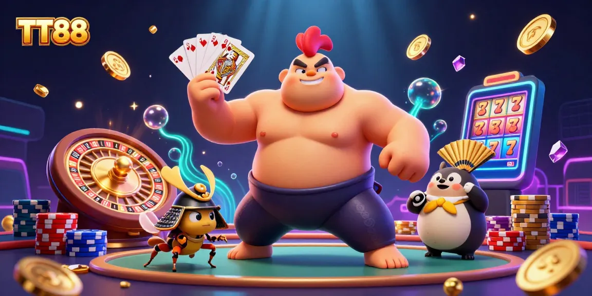 Engage with TT88's lively casino atmosphere featuring sumo rooster and vibrant gaming elements.