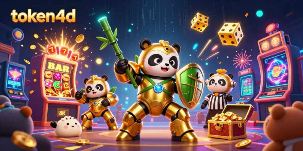 Memenangkan hadiah besar bersama token4d dalam ilustrasi kasino yang dinamis dan berwarna.
