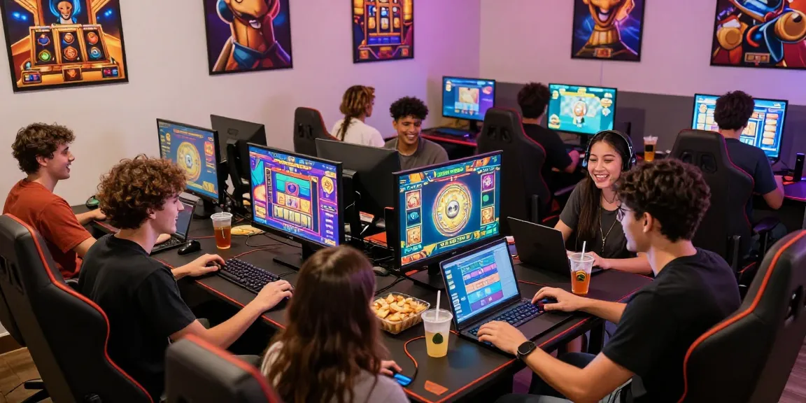 Exciting scene of friends enjoying link mpo777 in a colorful gaming lounge with laptops and snacks.