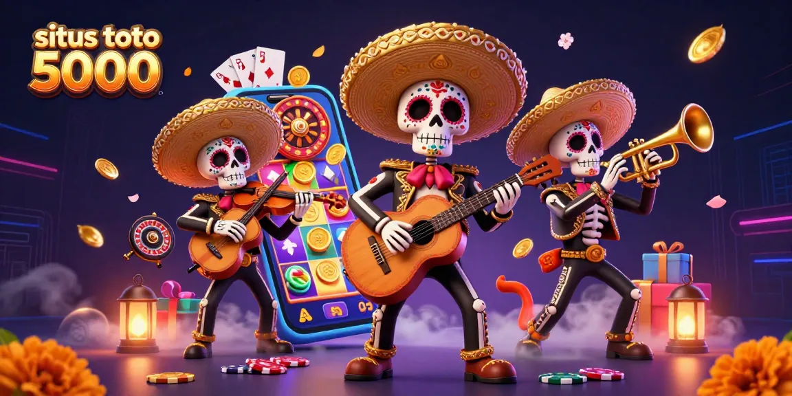 Experience excitement with situs toto 5000 as skeleton mariachi musicians blend with vibrant gambling elements.
