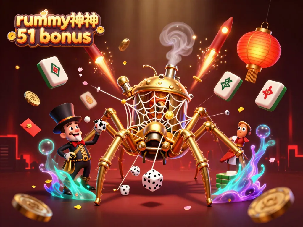 Bonus Rummy Deity 51 ditampilkan dalam ilustrasi 3D yang kaya warna dengan laba-laba steampunk dan elemen permainan.