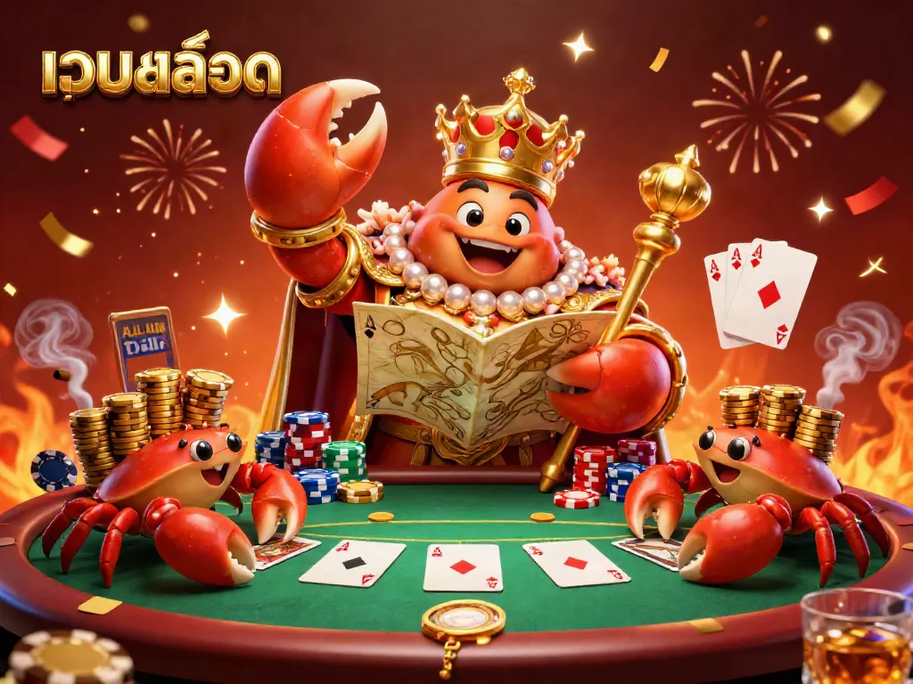 Experience thrilling เว็บสล็อต action with a golden crab emperor and casino elements in an enchanting 3D scene.