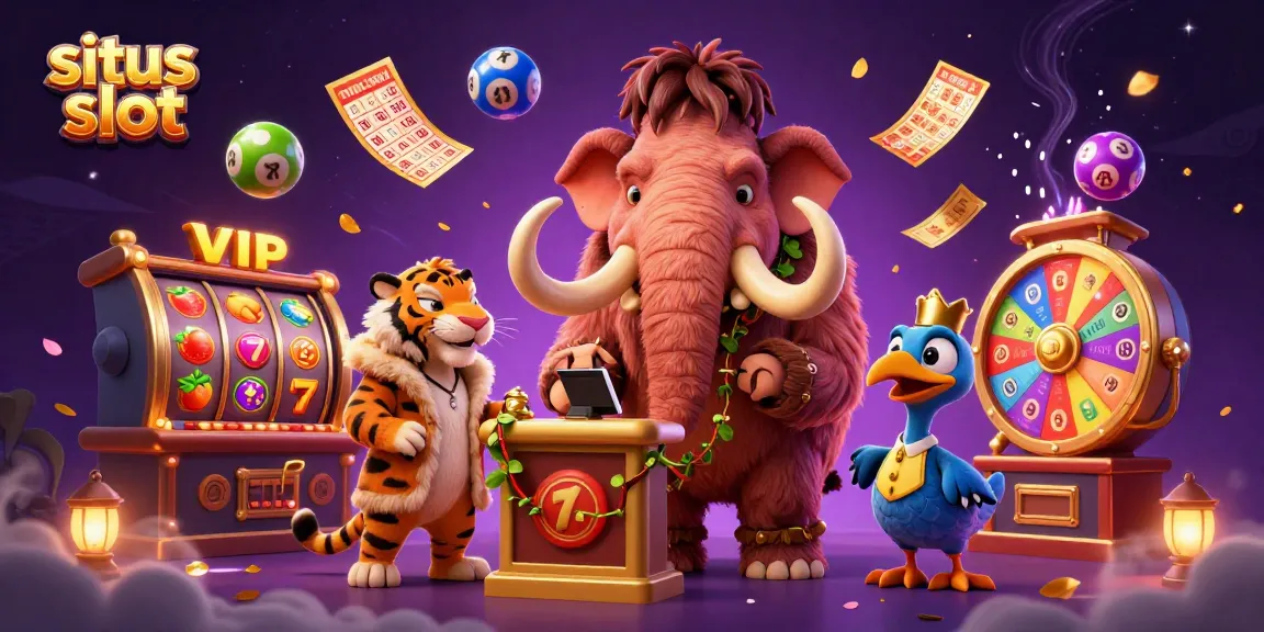 Engaging illustration of situs slot featuring a woolly mammoth bouncer and a saber-tooth tiger in a vibrant casino atmosphere.