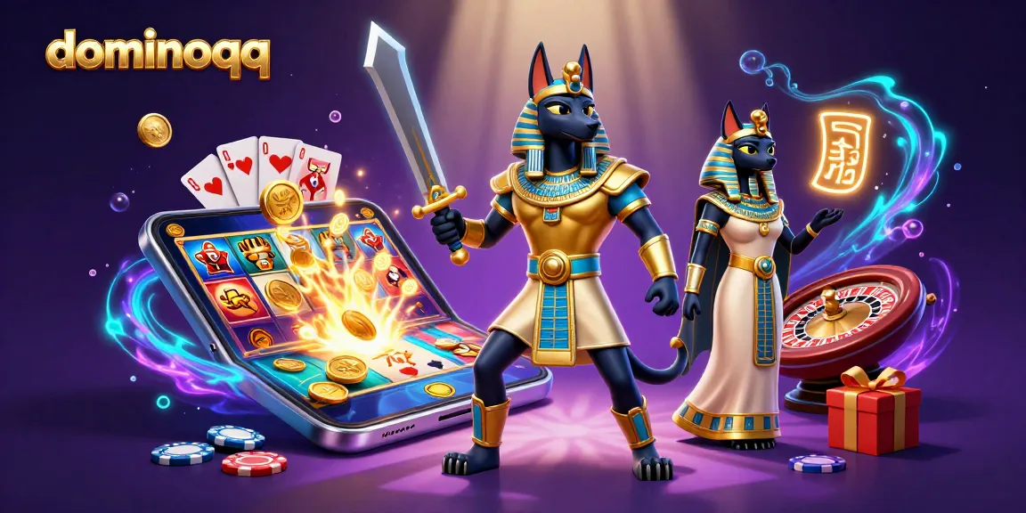 Engage in thrilling dominoqq gameplay with a vibrant casino-themed 3D illustration featuring Anubis and Bastet.