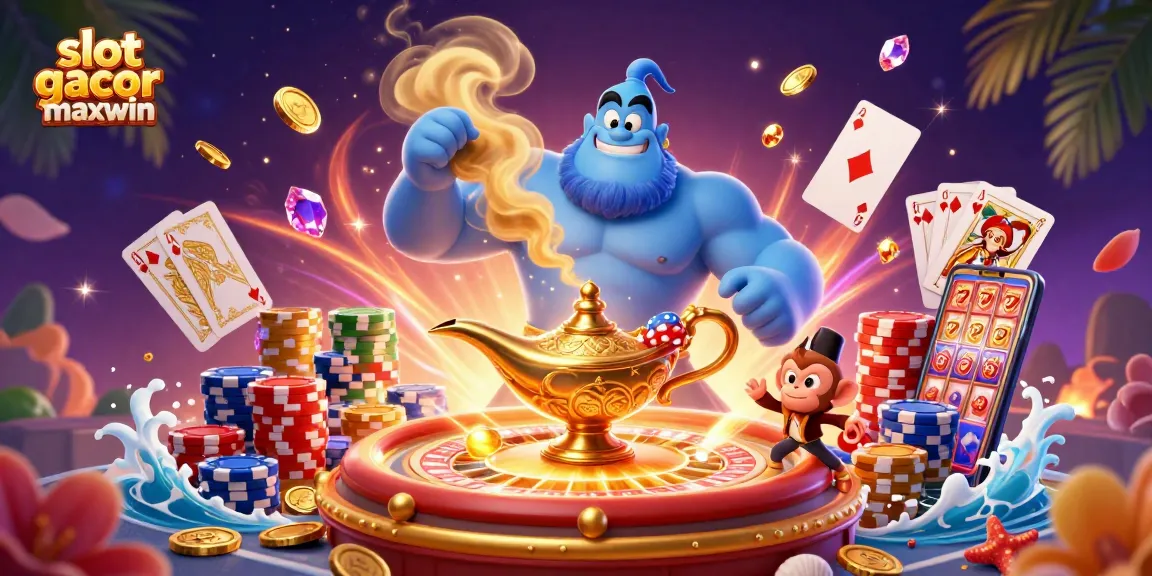 Experience excitement with slot gacor maxwin as a genie reveals riches in a vibrant casino scene.