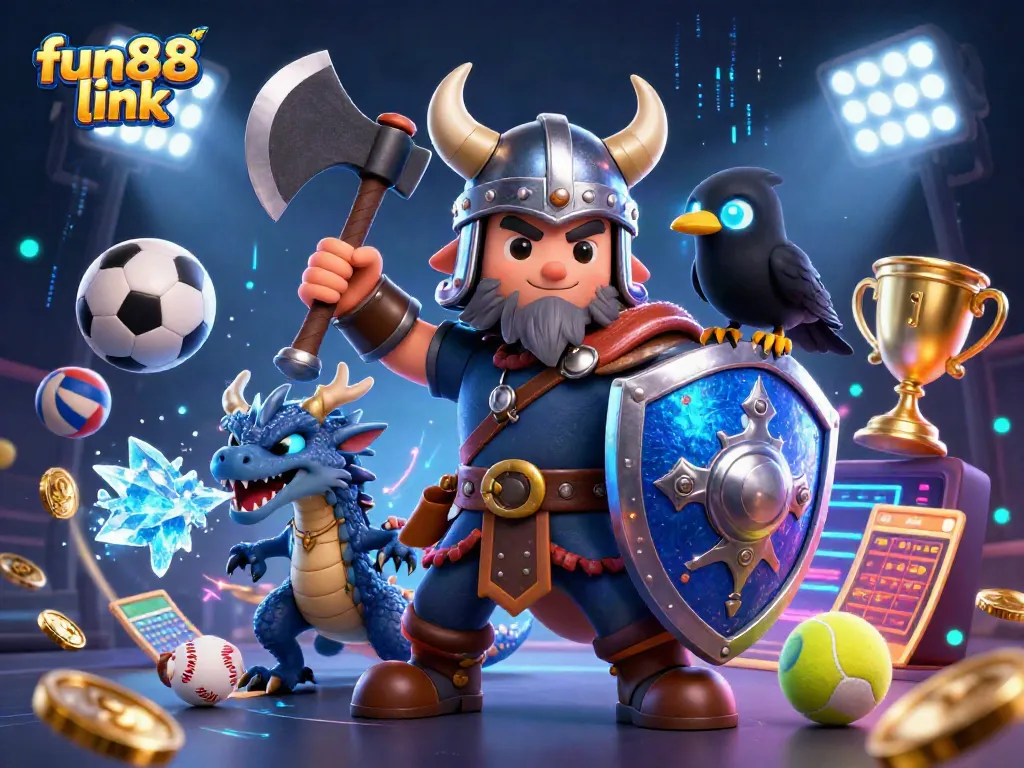 Engage with fun88 link sports betting, featuring a Viking warrior, dragon, and glowing elements.