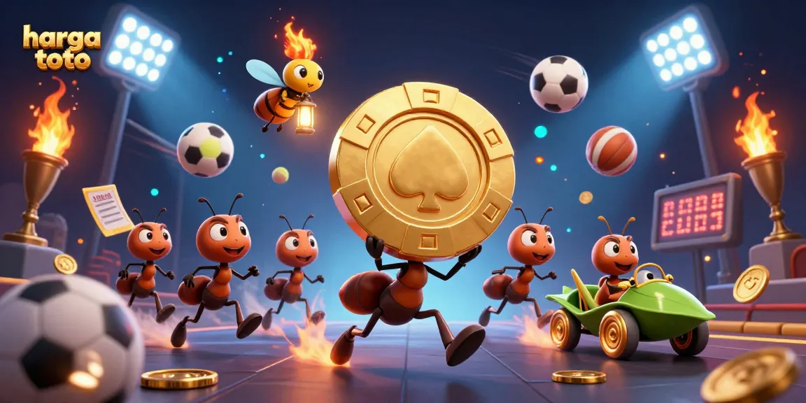 Explore harga toto strategies with ants carrying poker chips in a vibrant casino heist scene.