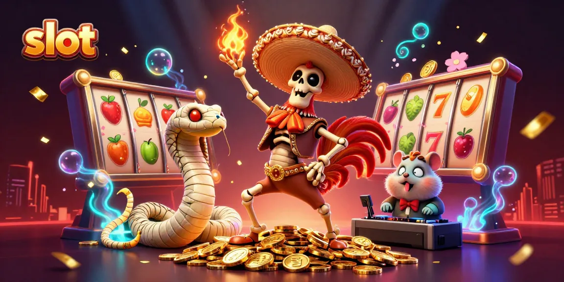 Spin vibrant slot reels with a dynamic scene featuring a mariachi rooster, mummy snake, and DJ hamster.