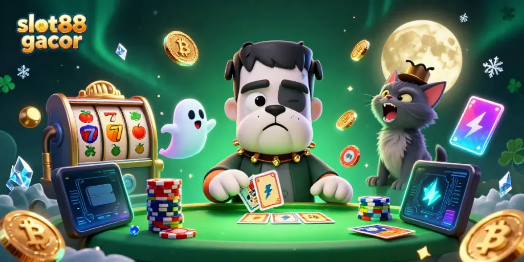 Menangkan permainan slot88 gacor dengan kartu yang dibagikan oleh monster bulldog Frankenstein di meja hijau.