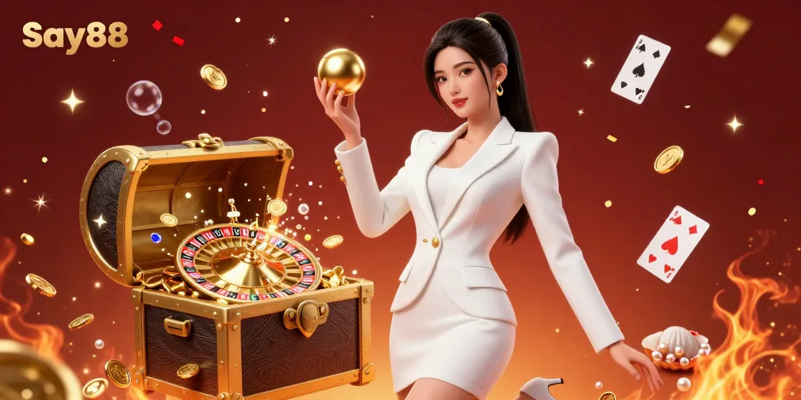 Experience the excitement of Say88 casino with a stunning 3D illustration of a confident woman holding a roulette ball.