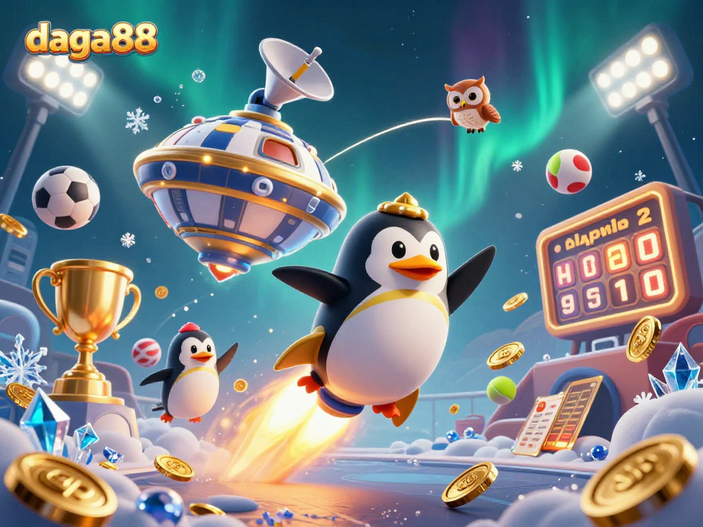 Bet on daga88 while enjoying thrilling sports action from a rocket-powered golden penguin illustration.