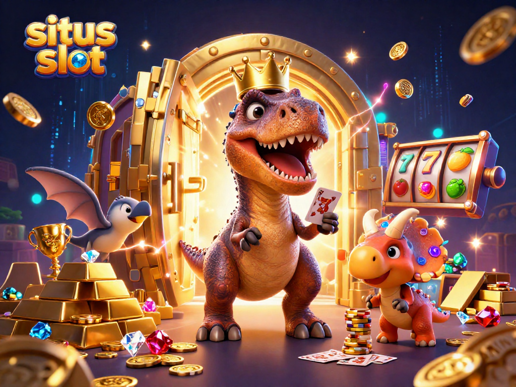 Gamer menikmati situs slot dengan tumpukan chip emas dan karakter dinosaur di ruang kasino.