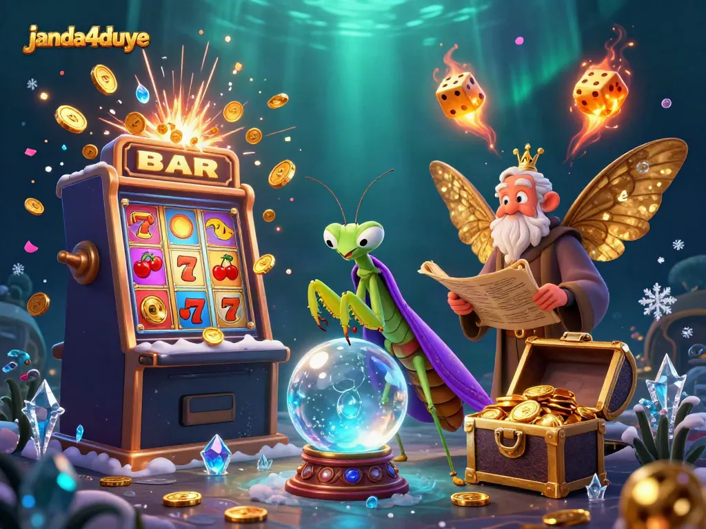 Gambarkan suasana kasino yang seru di janda4duye dengan slot mesin yang meledak koin dan karakter interaktif.