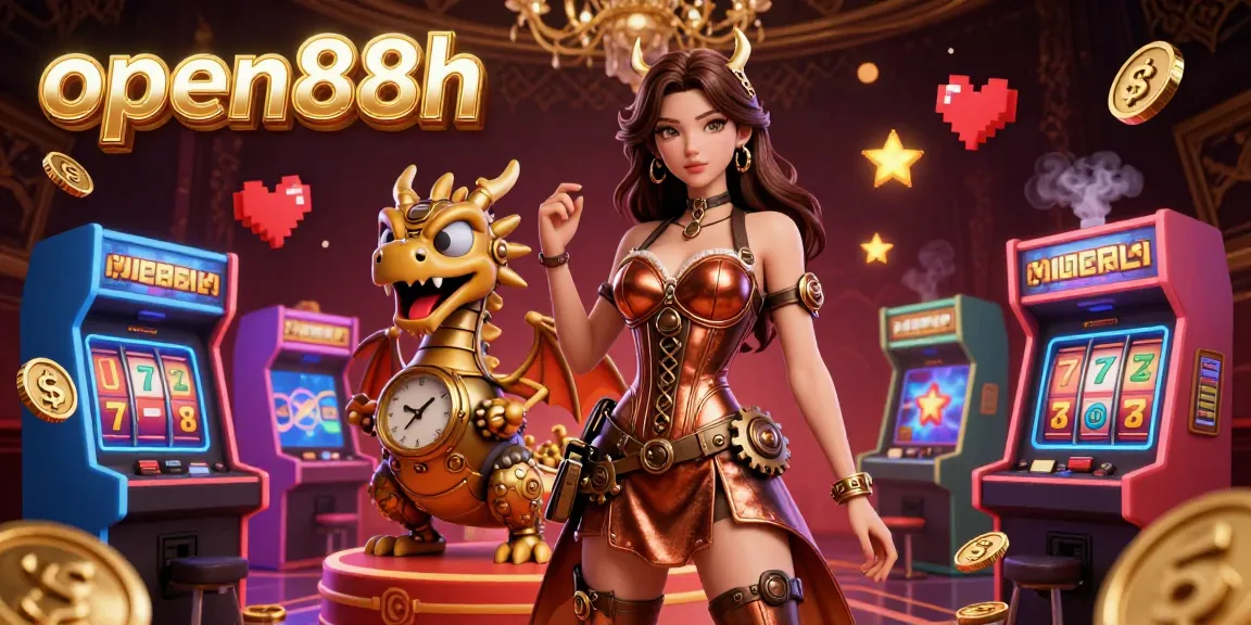 Engage with open88h's vibrant casino ambiance featuring a stunning steampunk avatar amid slot reels and arcade elements.
